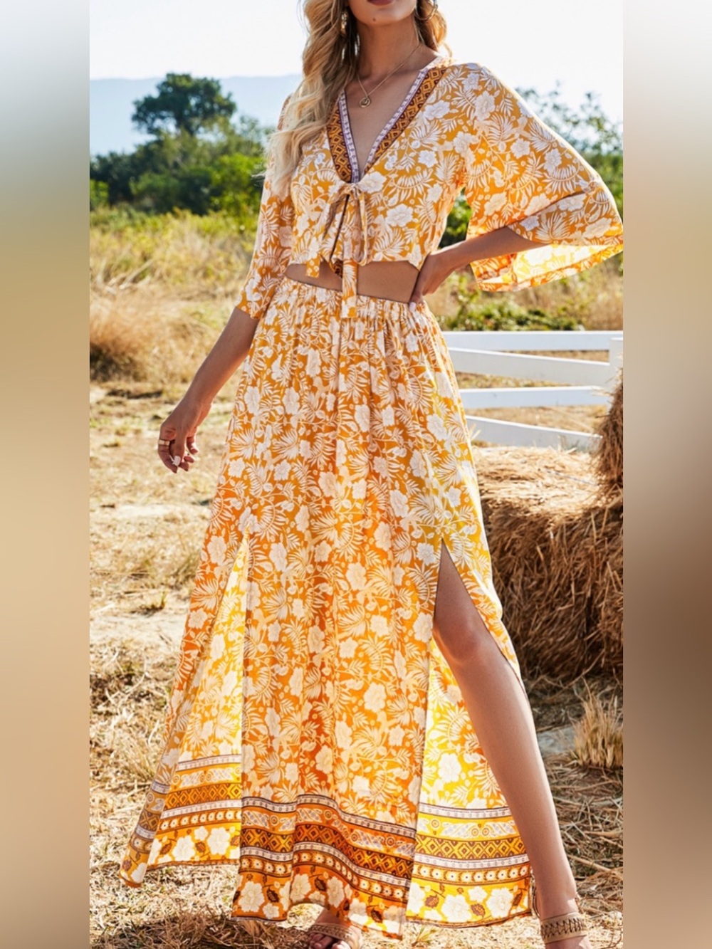 Miss Sparkling Yellow Floral Bohemian two-piece matching set Sz S.  NWOT